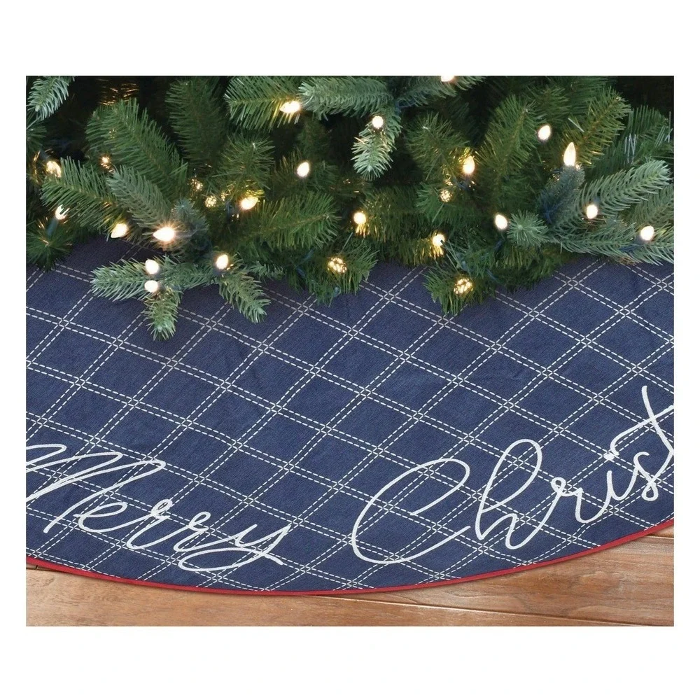 NWT Holiday Time Blue Quilted Plaid Festive Christmas Tree Skirt Merry Christmas